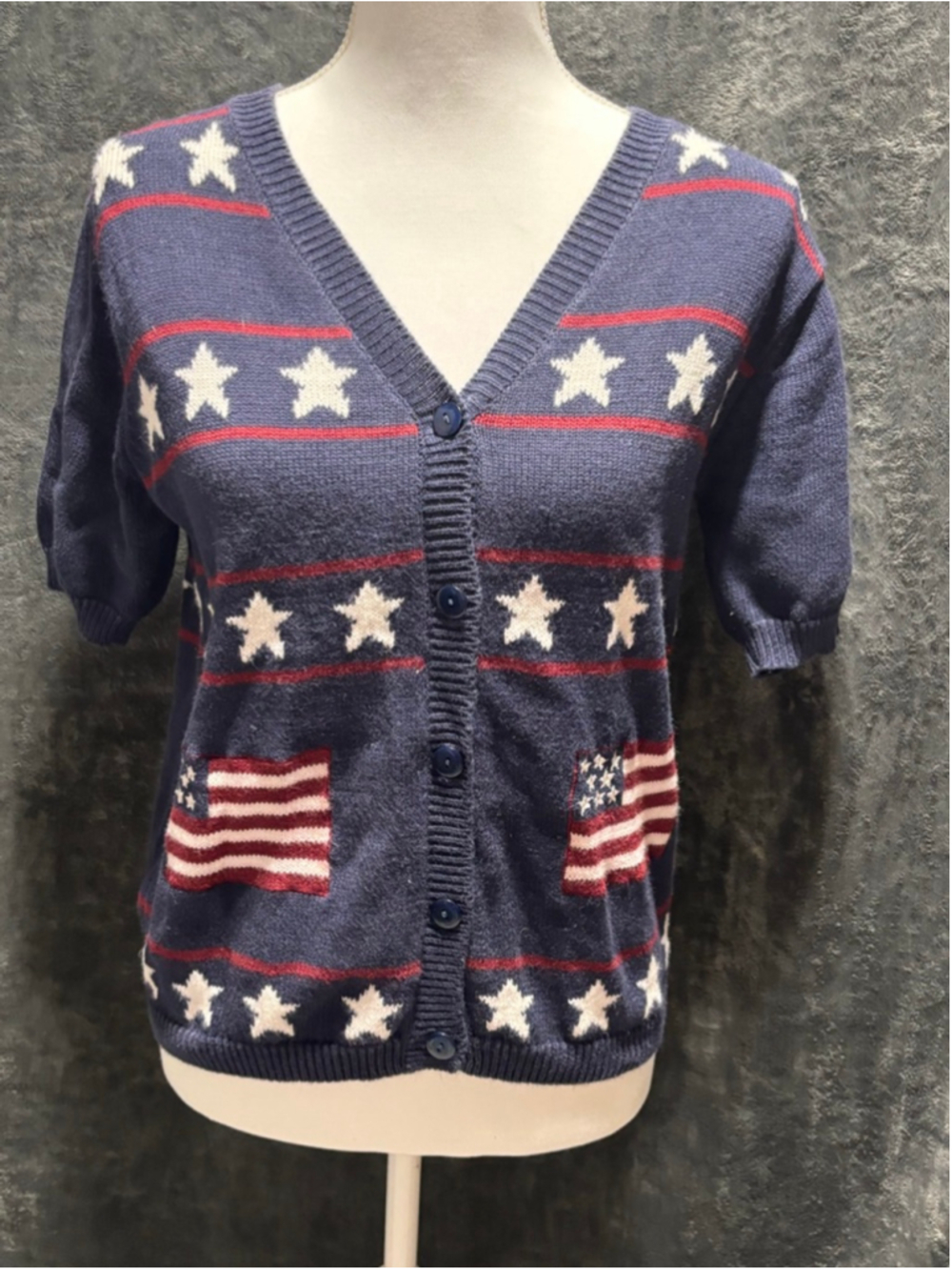 Terazzo Vtg Patriotic Stars & Stripes Navy Short Sleeve Cardigan Sweater SZ S